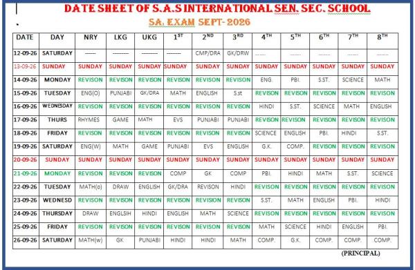 DATE-SHEET OF SA1 EXAM (SEPTEMBER 2026)